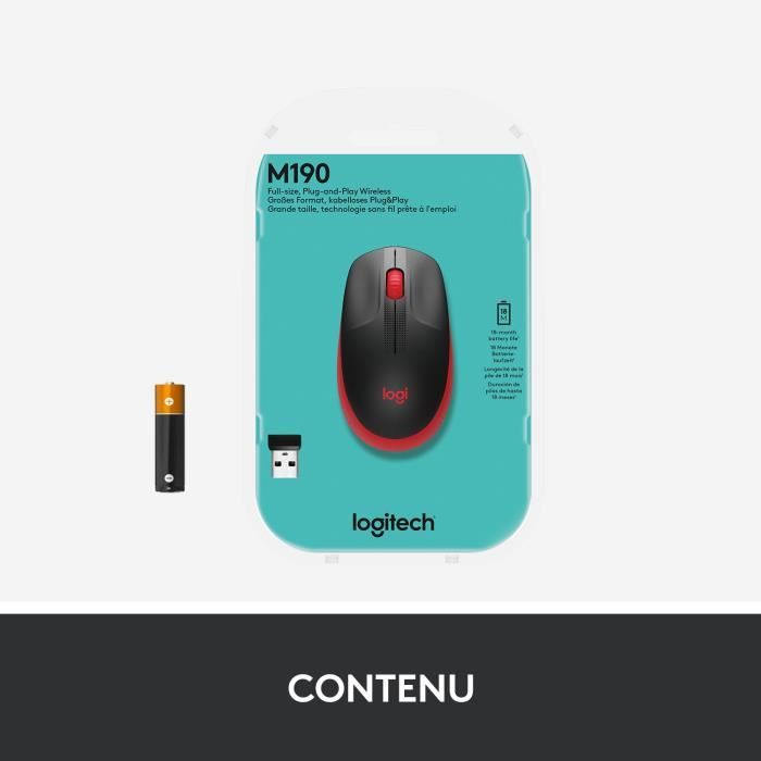 Souris sans fil ergonomique - Logitech - M190 - Rouge