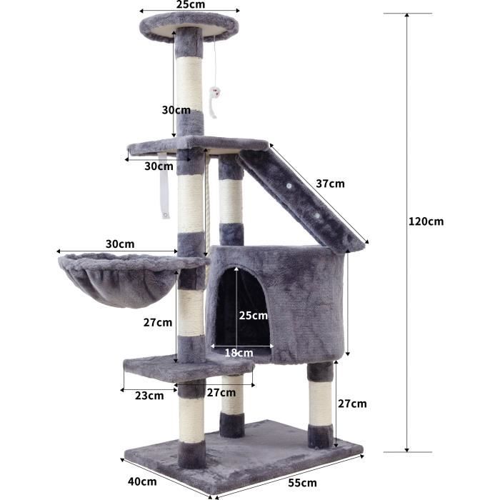 MARIE Arbre a chat gris 40 x 55 x 120cm -  3 plateformes, 1 échelle, 1 niche, poteaux a griffer