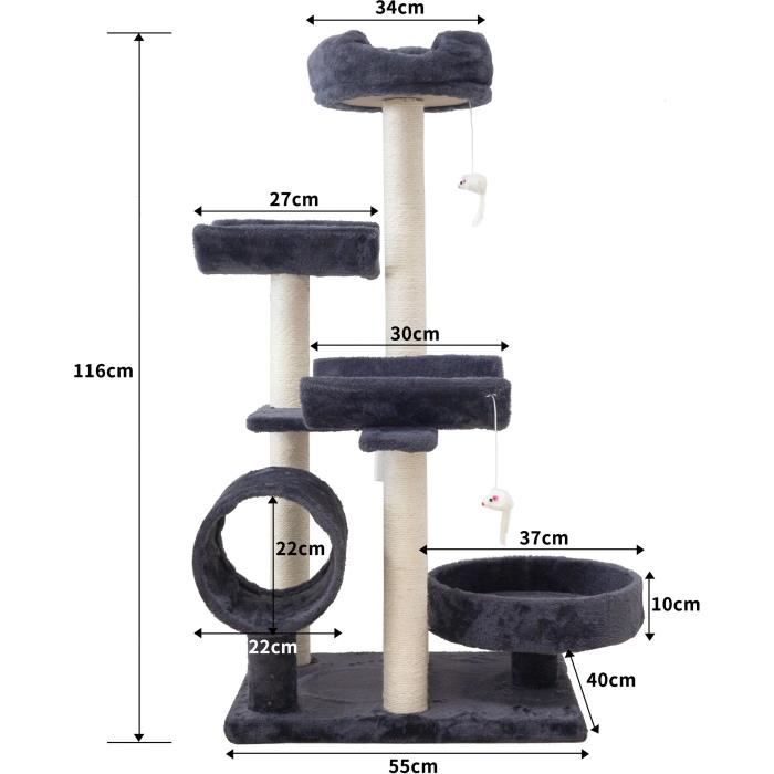 GARFIELD Arbre a chat gris 55 x 40 x 116 cm - 1 tunnel, 4 plateformes, poteaux a griffer