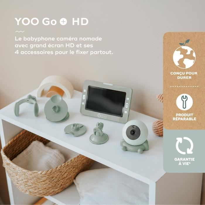 Babyphone Caméra YOO Go+ - Grand Ecran HD 5 720P - Batterie Rechargeable, Autonomie 8h - 4 Accessoires Supports Caméra inclus