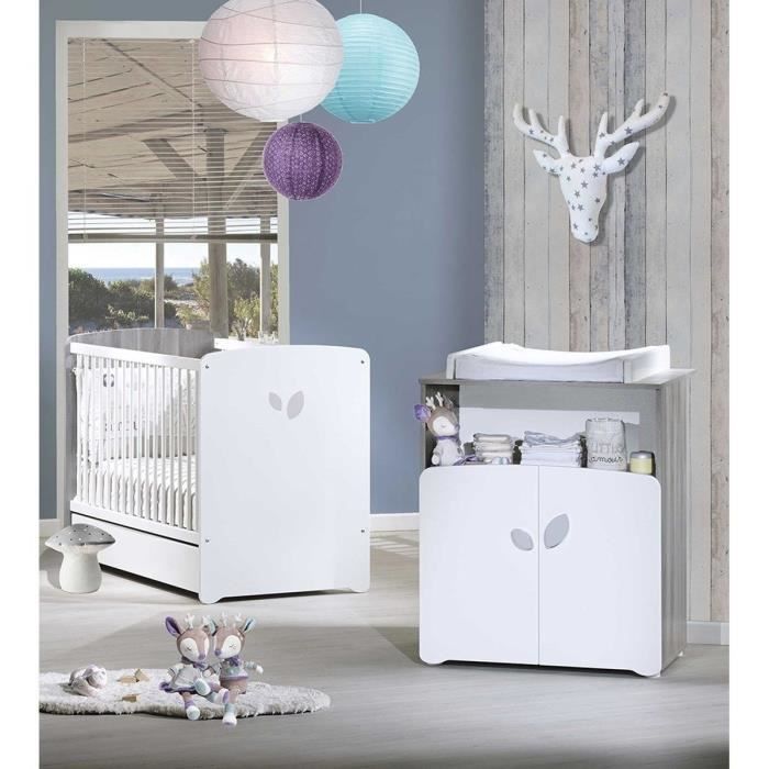 Chambre bébé duo Leaf: lit 120x60, commode a langer - Babyprice - Blanc