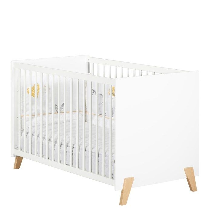 Lit bébé - 120 x 60 cm - Babyprice Joy Naturel - Blanc - Sur pieds en bois naturel