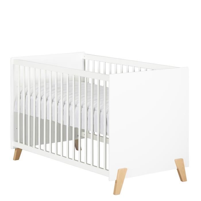 Lit bébé - 120 x 60 cm - Babyprice Joy Naturel - Blanc - Sur pieds en bois naturel