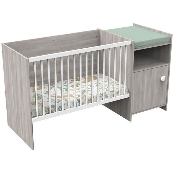 Lit bébé combiné - 120x60cm - Evolutif en 90x190cm - Babyprice Up - Chene - Avec commode a langer 1 porte