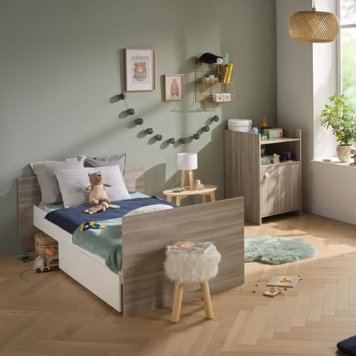 Lit bébé combiné - 120x60cm - Evolutif en 90x190cm - Babyprice Up - Chene - Avec commode a langer 1 porte