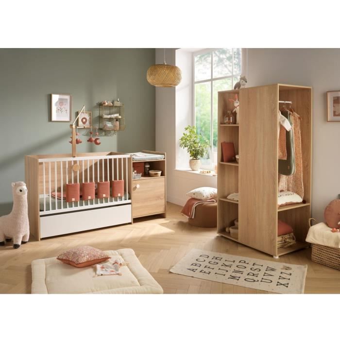 Lit bébé combiné - 120x60cm - Evolutif en 90x190cm - Babyprice Up - Décor bois - Avec commode a langer 1 porte