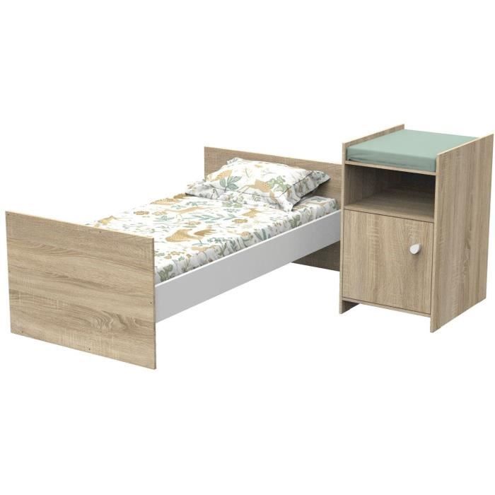 Lit bébé combiné - 120x60cm - Evolutif en 90x190cm - Babyprice Up - Décor bois - Avec commode a langer 1 porte