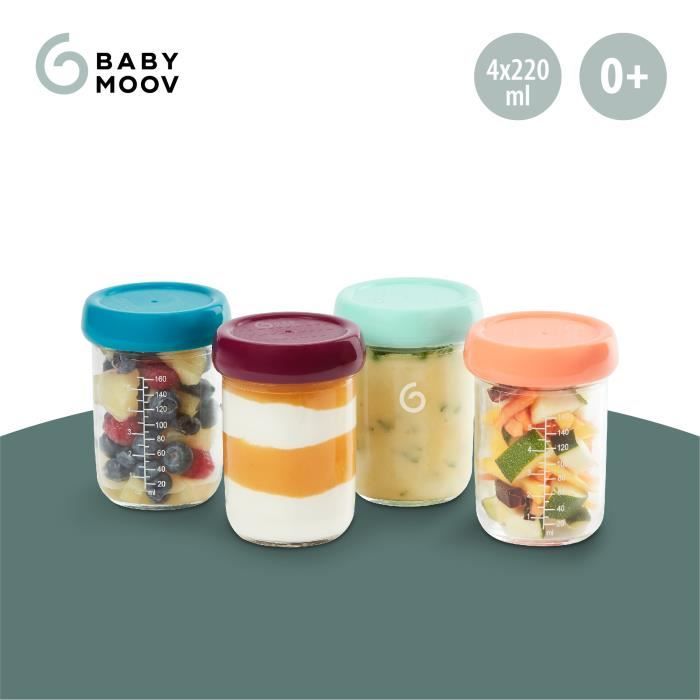 BABYMOOV Babybols lot 4 pots de conservation bébé en verre 220ml, couvercles hermétiques & réinscriptibles, gradués