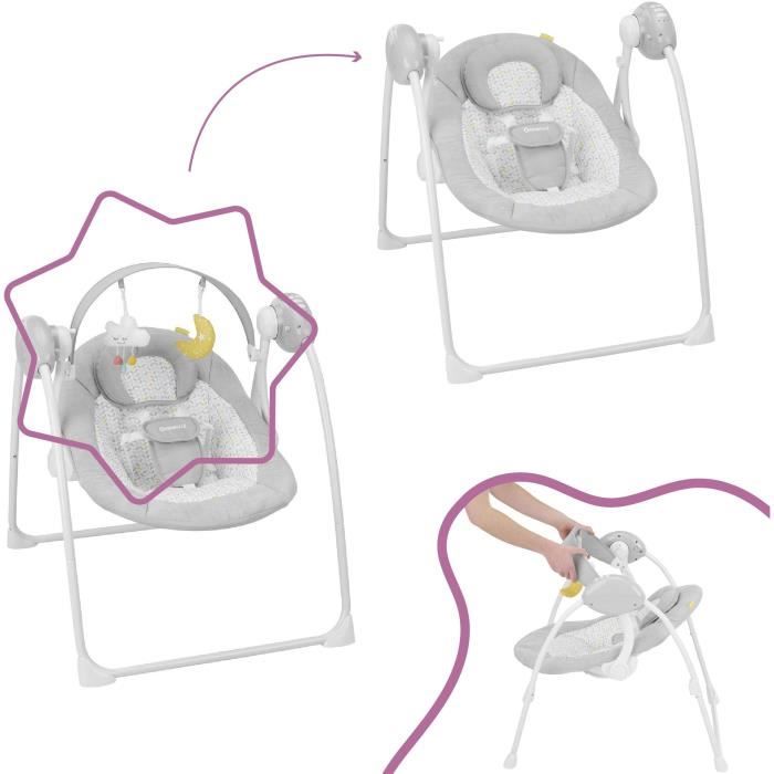 Badabulle Balancelle Electrique Confort - Pliable - Ultra Compact - Arche de jeux amovible, Candy