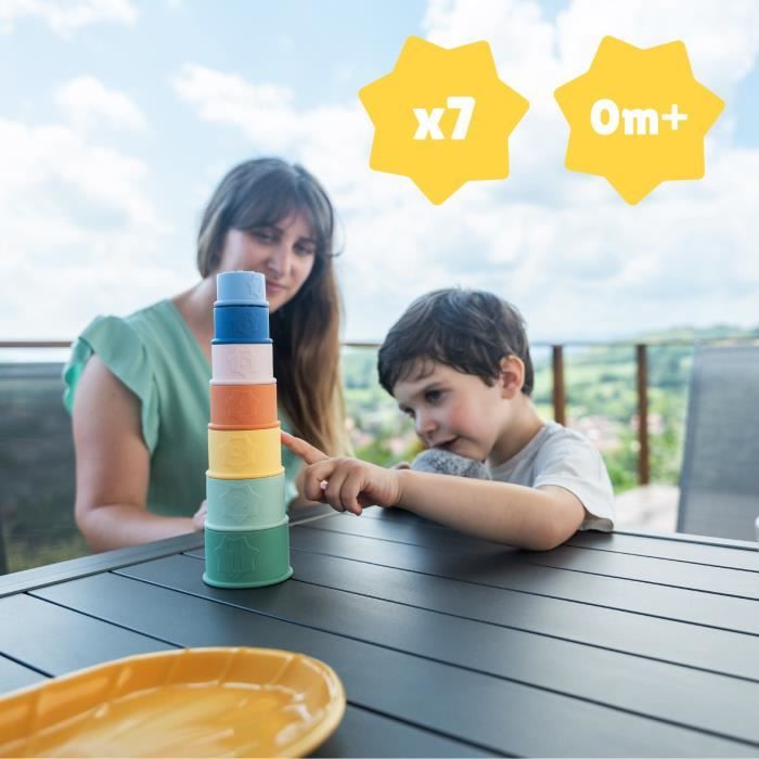 Badabulle Lot de 7 Tasses Empilables Numérotées - Jouets de Bain en Silicone Souple