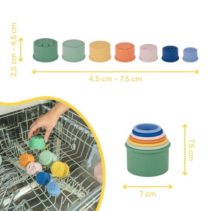 Badabulle Lot de 7 Tasses Empilables Numérotées - Jouets de Bain en Silicone Souple