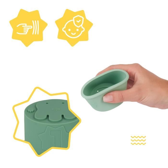 Badabulle Lot de 7 Tasses Empilables Numérotées - Jouets de Bain en Silicone Souple