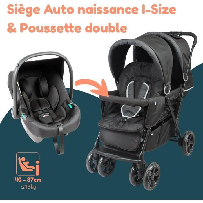 Poussette double jumeaux - BAMBISOL - Combiné Poussette Double + Siege Auto I-size - 4 roues - Noir