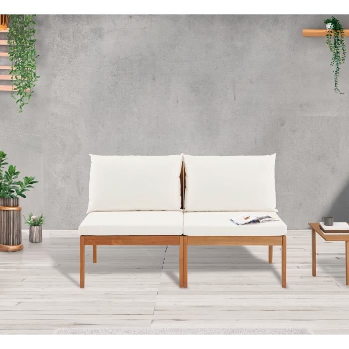 Banquette de jardin ALMA en bois d'acacia FSC avec coussins - 2 personnes - Blanc