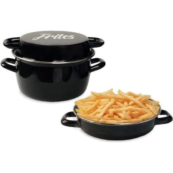 Friteuse émail 26 cm noire avec panier et couvercle verre