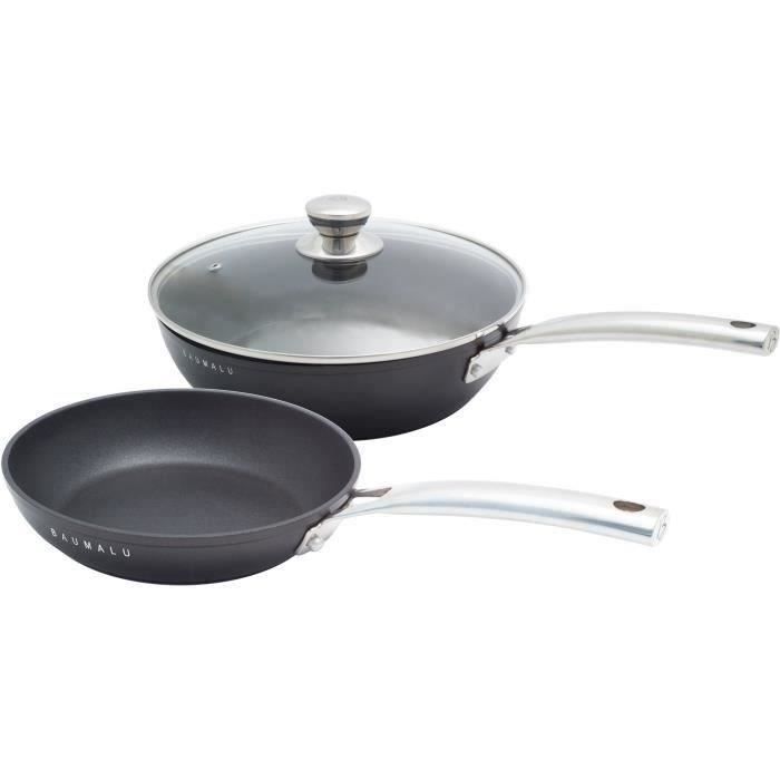 Lot sauteuse 24 cm + poele 20 cm - BAUMALU - Black edition - Avec couvercle - Aluminium