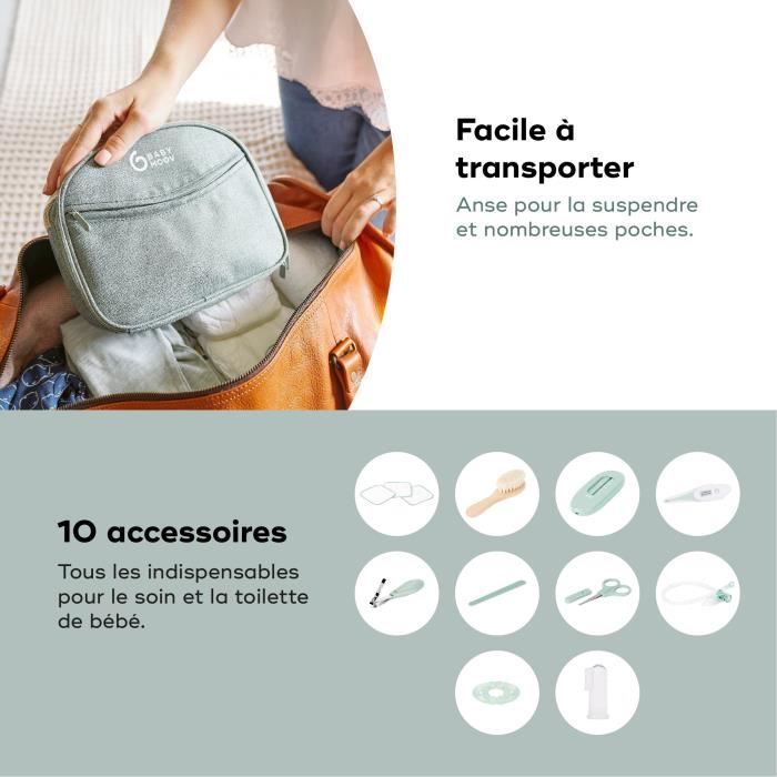 Babymoov Trousse de Soin Bébé - Des la naissance - En Tissu Recyclé Certifié GRS -10 Accessoires, Matcha