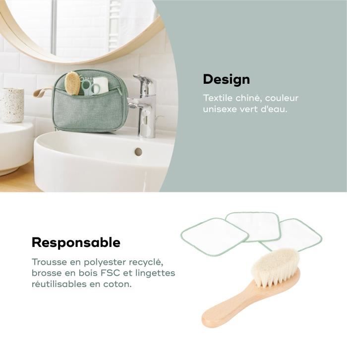 Babymoov Trousse de Soin Bébé - Des la naissance - En Tissu Recyclé Certifié GRS -10 Accessoires, Matcha