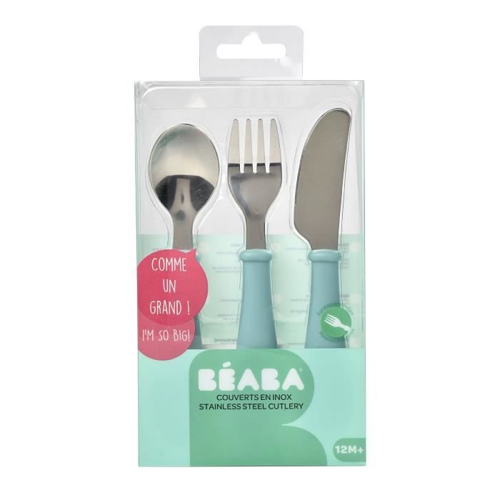 BEABA, Set de 3 couverts inox airy green