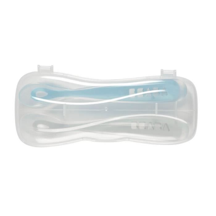 BEABA Lot de 2 cuilleres 1er âge silicone avec boite de transport windy blue set