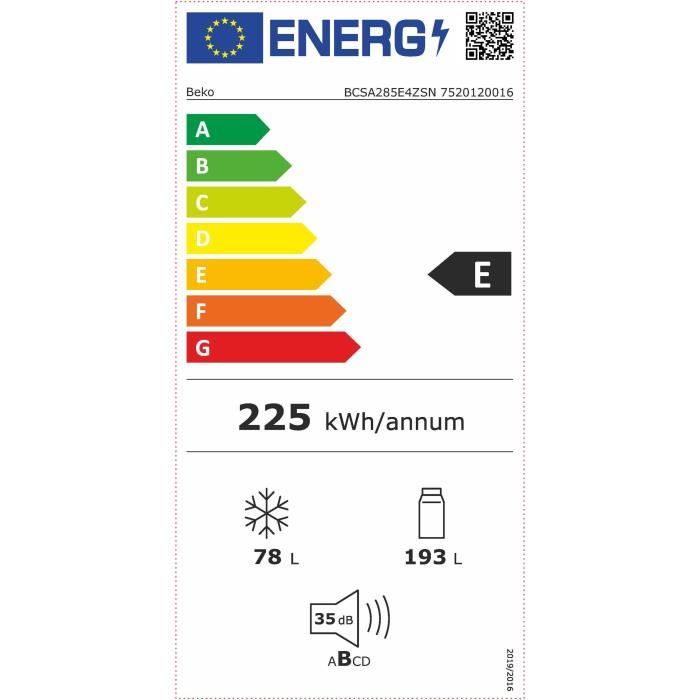 Réfrigérateur intégrable combiné BEKO BCSA285E4ZSN - 271L - Blanc