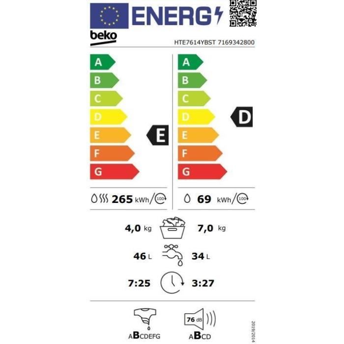 Lave-linge séchant BEKO b300 HTE7614YBST - 7 / 4 kg - Induction - L60cm - 1200 trs/min - Blanc