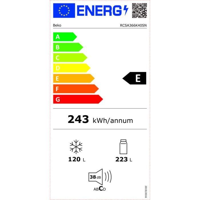 Réfrigérateur combiné congélateur en bas - BEKO - RCSA366K40SN - Classe E - 343 L - 185,2 x 59,5 x 67 cm - Gris Acier