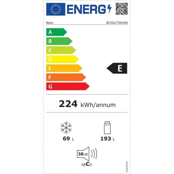 Réfrigérateur combiné intégrable BEKO BCHA275K4SN - 2 portes - 262 L - Semi No Frost - Blanc