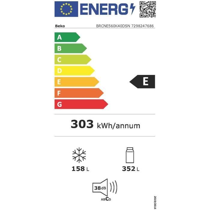 Réfrigérateur pose libre - Combiné - BEKO - BRCNE560K40DSN - Neo Frost - 510L - E - 74,5 x 70 x 192 cm - Gris acier