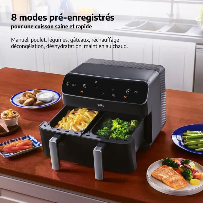 Friteuse multifonction a air chaud - BEKO - FRL5388B - 2400 W - 8,5 L pour 2 kg de frites - 2 cuves (2x 4,5 L) - Noir