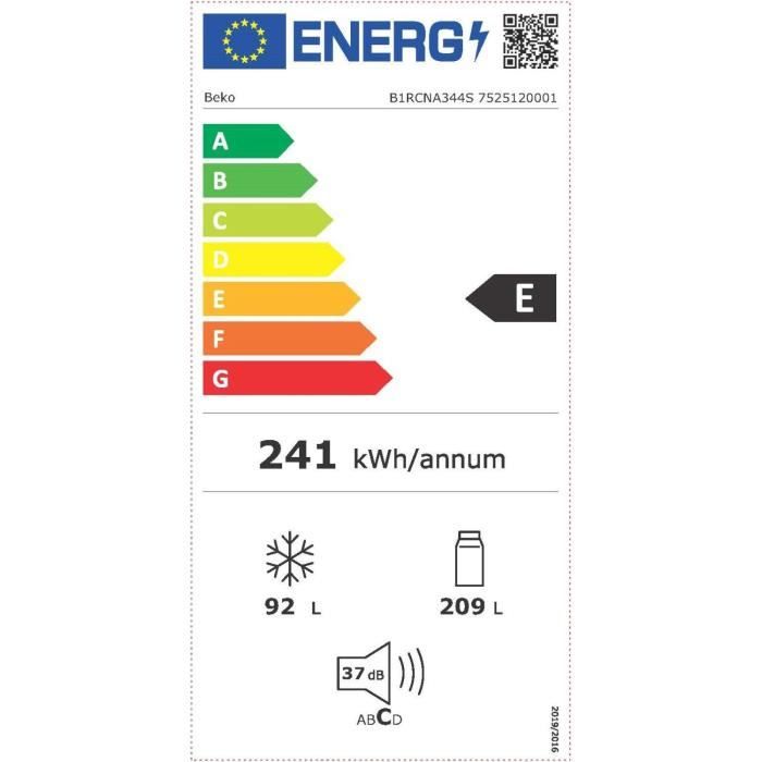 Réfrigérateur combiné pose libre - BEKO - B1RCNA344W - Froid ventilé - E - 301 L - 66,5 x 59,5 x 179,6 cm - blanc