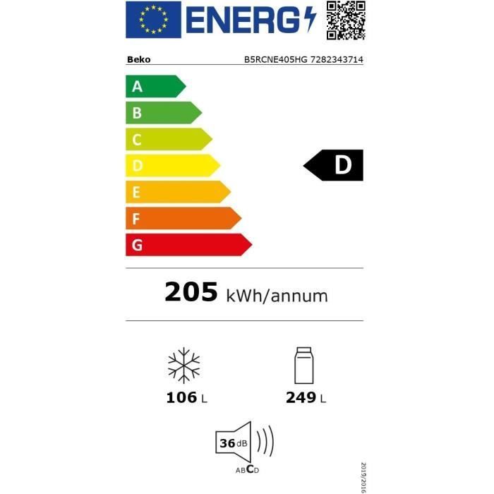 Réfrigérateur combiné congélateur en bas - BEKO - B5RCNE405HG - Froid ventilé - Classe D - 355 L - 203,5 x 59,5 x 66,3 cm - Gris