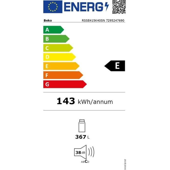 Réfrigérateur monoporte tout utile - BEKO - RSSE415K40SN - Classe E - 367 L - 171,4 x 59,5 x 70 cm - Gris Acier