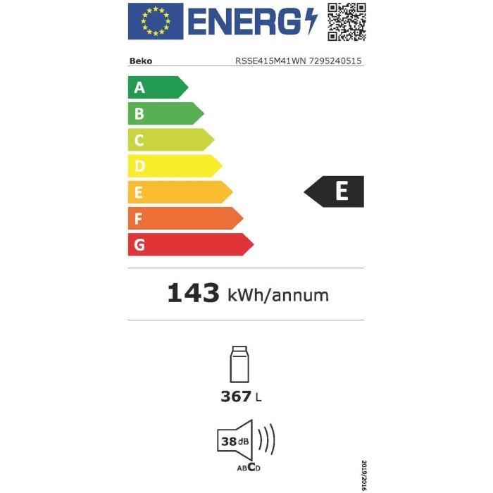 Réfrigérateur monoporte tout utile - BEKO - RSSE415M41WN - Classe E - 367 L - 171,4 x 59,5 x 70 cm - Blanc