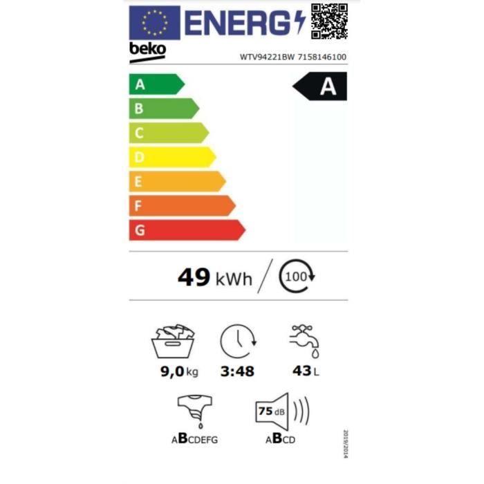 Lave-linge hublot BEKO WTV94221BW - 9 kg - Induction - L60cm - 1400 trs/min - Classe A - Blanc