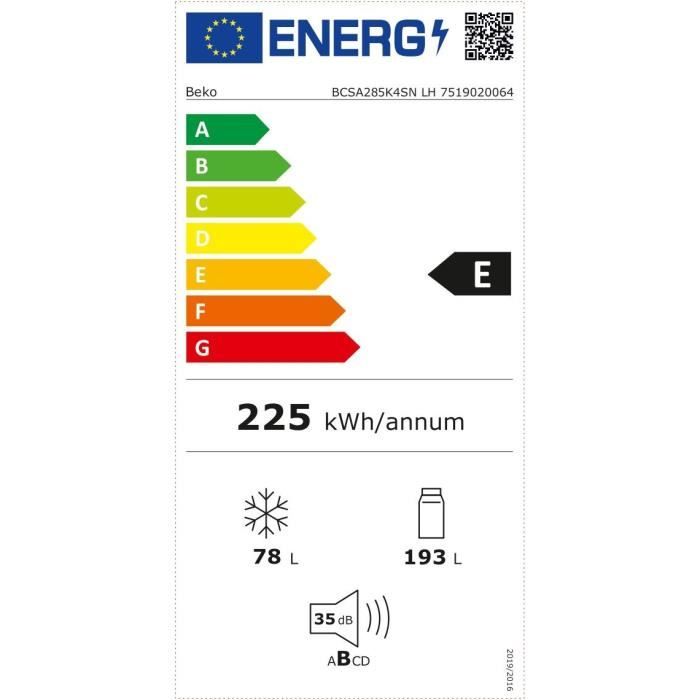 Réfrigérateur combiné intégrable - BEKO - Statique - Classe E - 271 L - 54,5 x 54 x 177,5 cm - Blanc