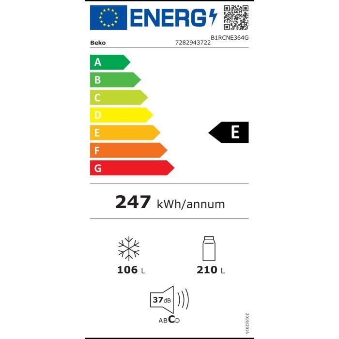 Réfrigérateur combiné pose libre - BEKO - B1RCNE364G - Froid ventilé - Classe E - 316 L - 66,3 x 59,5 x 186,5 cm - Manhattan Gray