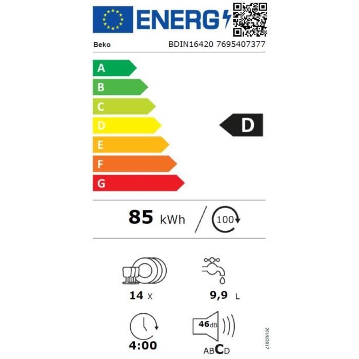 Lave-vaisselle tout intégrable BEKO b300 BDIN16420 - 14 couverts - 46dB - Porte a glissieres - L60cm