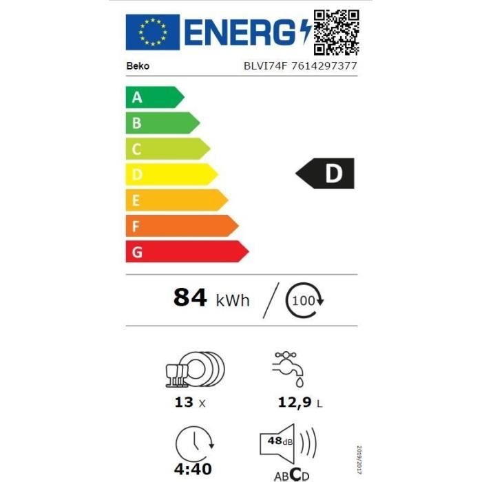 Lave-vaisselle tout intégrable - BEKO - BLVI74F - 13 couverts - 48 dB(A) - 60 cm - Blanc