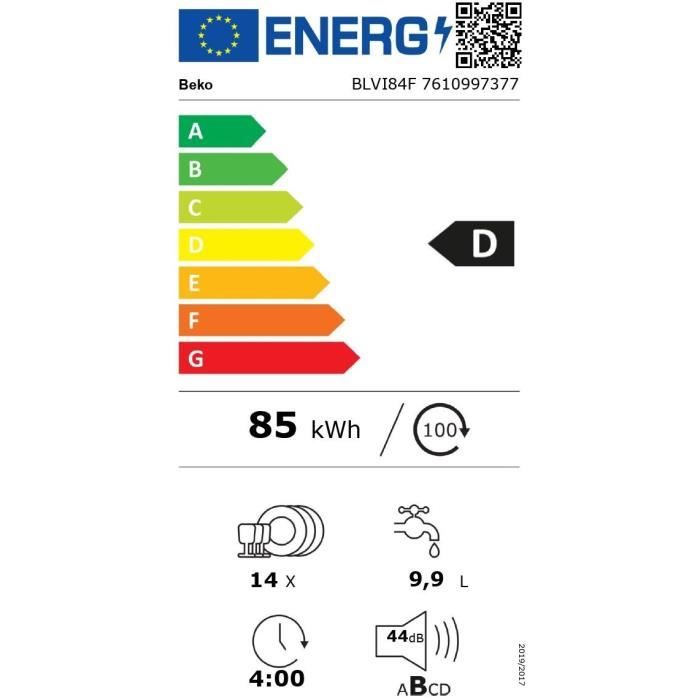 Lave-vaisselle tout intégrable BEKO b100 BLVI84F - 14 couverts - 44 dB - L60cm