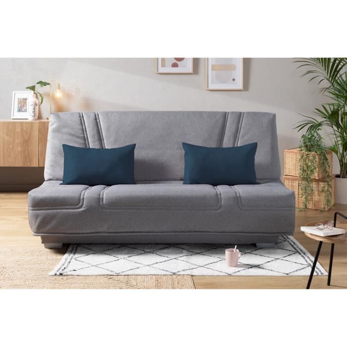 COMFORT BULTEX Banquette clic-clac - 3 places - Tissu gris + Coussins déco bleu - L193 x