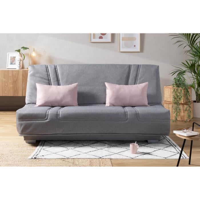 COMFORT BULTEX Banquette clic clac - Tissu Gris + Coussins déco rose - L193 x P9