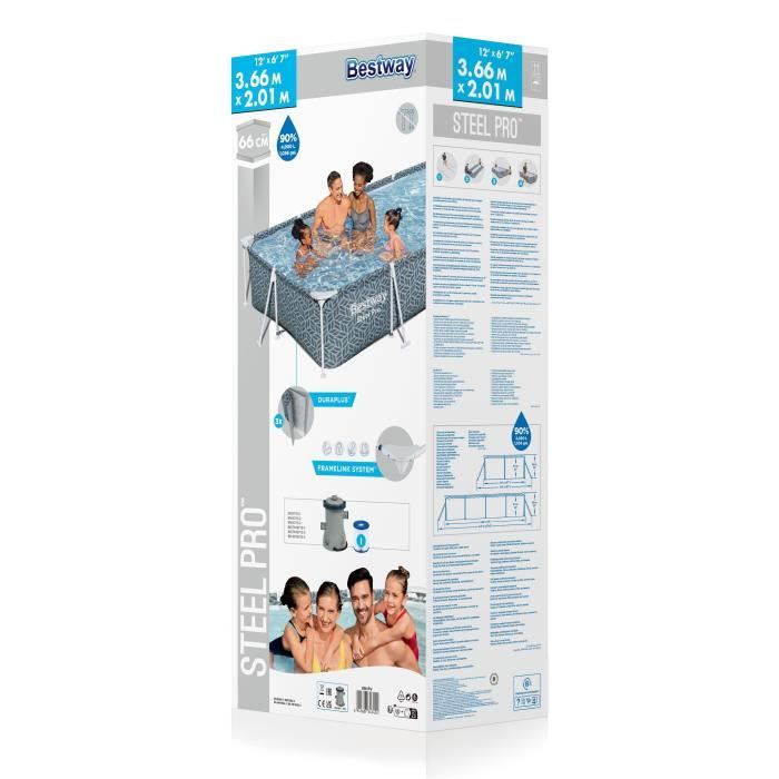 Kit Piscine hors sol tubulaire BESTWAY - Steel Pro - 366 x 201 x 66 cm - Rectangulaire (Inclus épurateur a Cartouche)