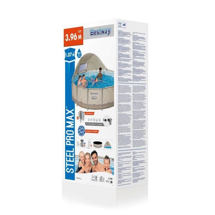 Kit Piscine hors sol tubulaire BESTWAY Steel Pro Max 396 x 107 cm - Ronde (Avec filtre a cartouche, auvent, bâche, échelle)