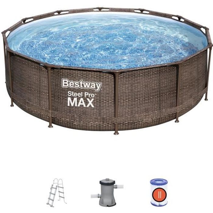 Kit Piscine hors sol tubulaire BESTWAY Steel Pro Max - 366 x 100 cm - Ronde (Livrée avec filtre a cartouche, échelle et diffuseur)