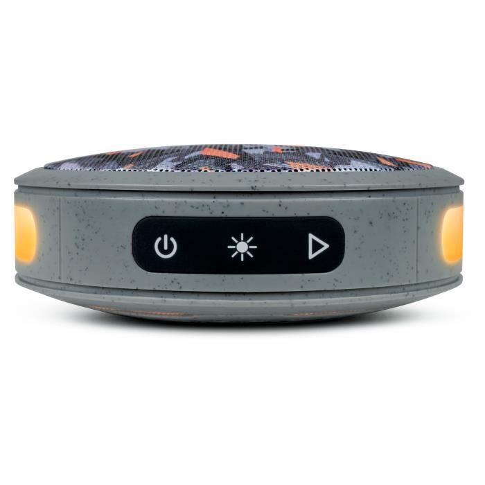 BIGBEN Party - Enceinte Bluetooth ronde avec dragonne et effets lumineux - 15W - Gris et orange camouflage