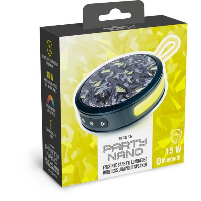 BIGBEN Party - Enceinte Bluetooth ronde avec dragonne et effets lumineux - 15W - Noir et jaune camouflage