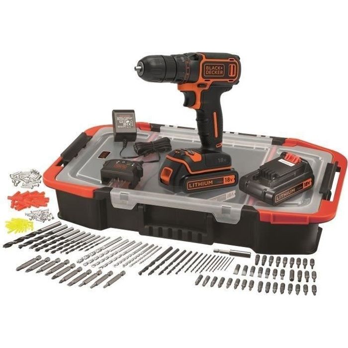 BLACK+DECKER Perceuse Visseuse Sans Fil 18 V Li-Ion avec Chargeur BDCDC18BAST-QW avec 160 Accessoires, 2 Batteries 1,5 Ah, 1