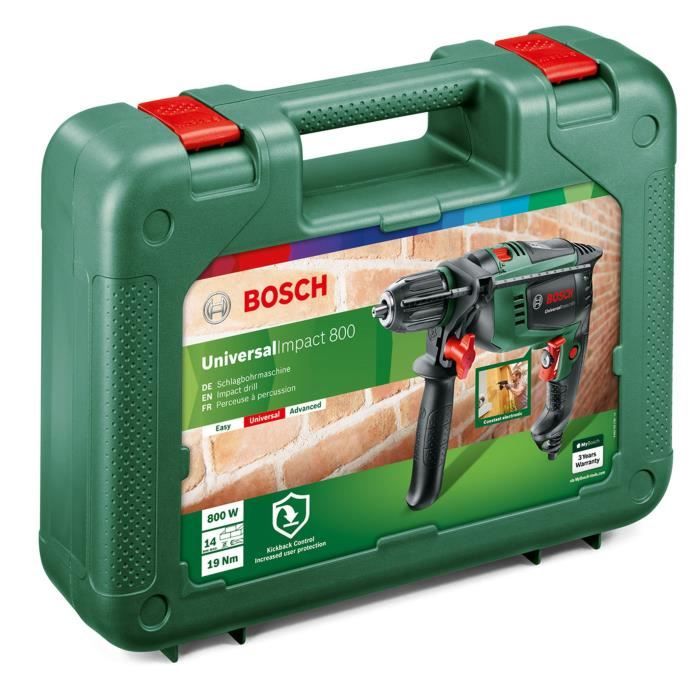 Perceuse a percussion filaire Bosch - UniversalImpact 800 (800W, béton 14mm, bois 30mm, livré avec accessoires)