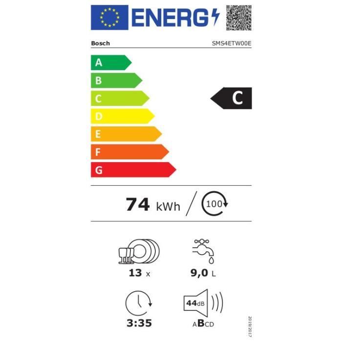 Lave-vaisselle pose libre BOSCH SMS4ETW00E SER4 - 13 couverts - Moteur Induction - L60cm - 44dB - Blanc